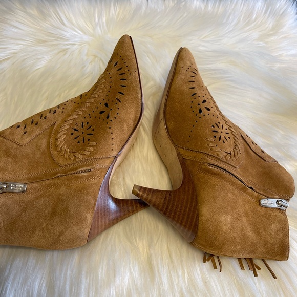 Sigerson Morrison Brown Perforated Suede Fringe Booties 6B - Picture 8 of 12